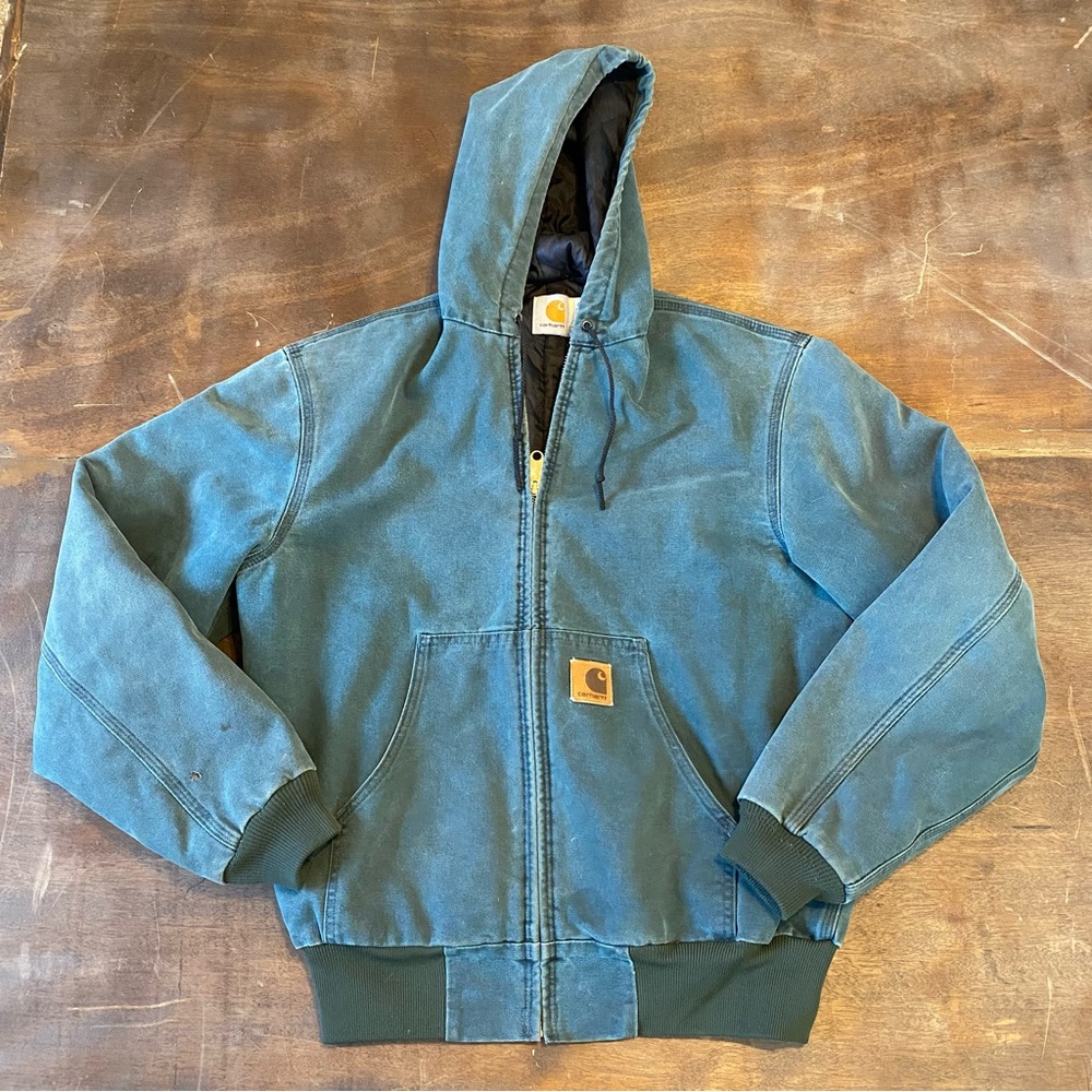 HTF Vintage Carhartt Jacket Quilt Lined Hood Hunter Green Zip J06HTG USA medium
